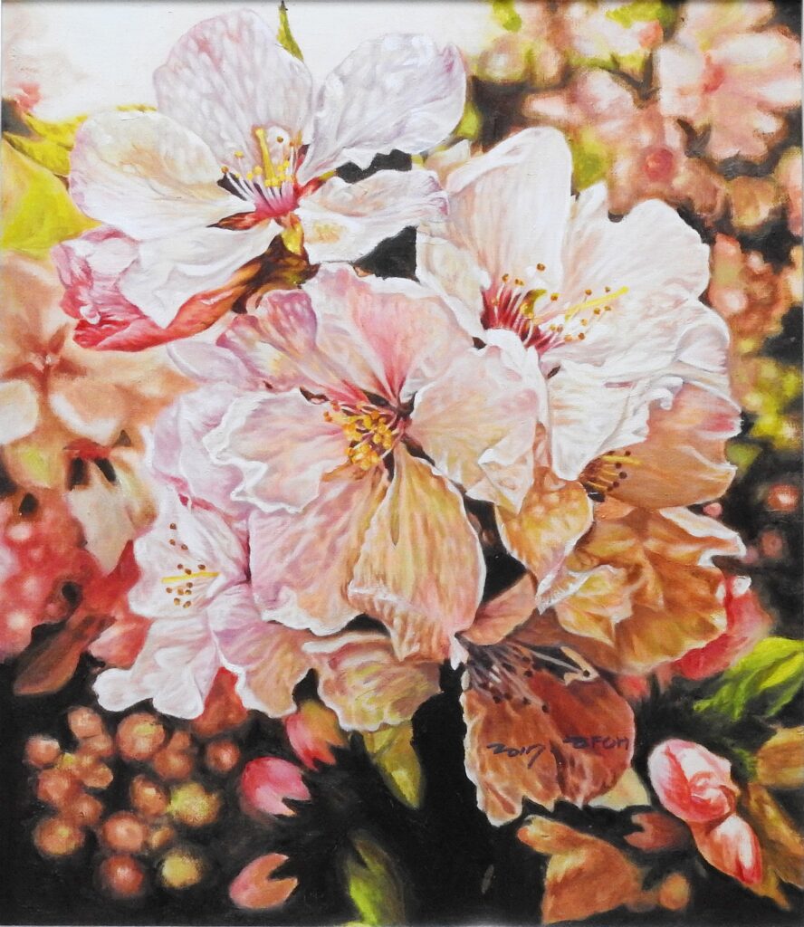 Nanking Cherry Blossom I by Jennifer Lee, a 2017 painting of delicate pale pink cherry blossoms reflecting beauty, longing, and memories of moments that cannot return.