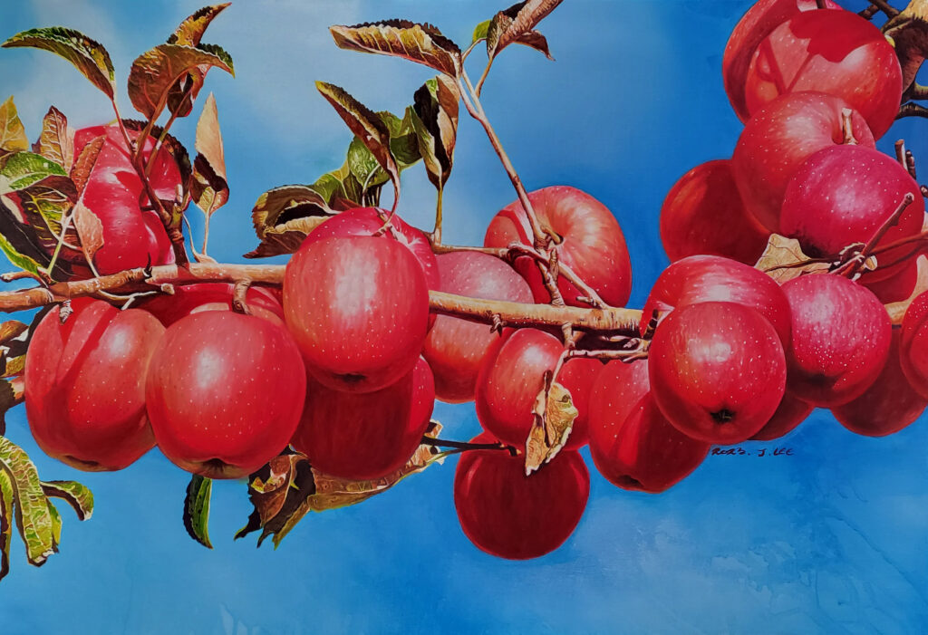 Color of Autumn by Jennifer Lee, an oil painting depicting abundant red apples ripening on branches against a clear blue autumn sky.