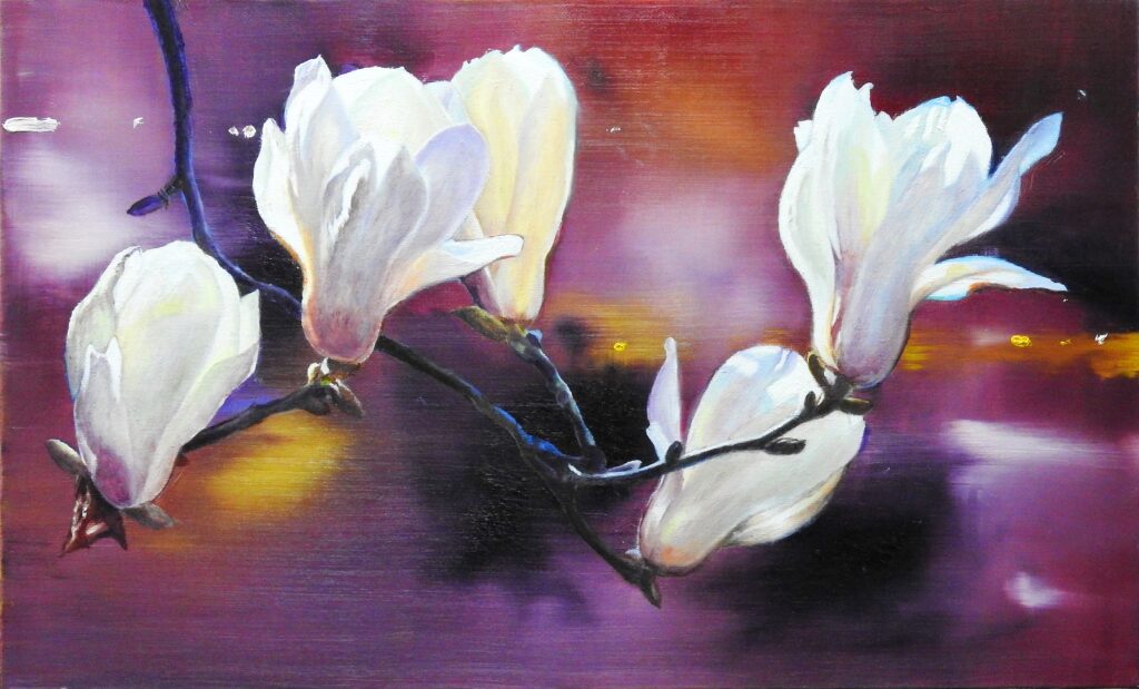 Magnolia II by Jennifer Lee, a painting of luminous white magnolia blossoms against a rich violet and crimson background, expressing the elegance and vitality of spring.