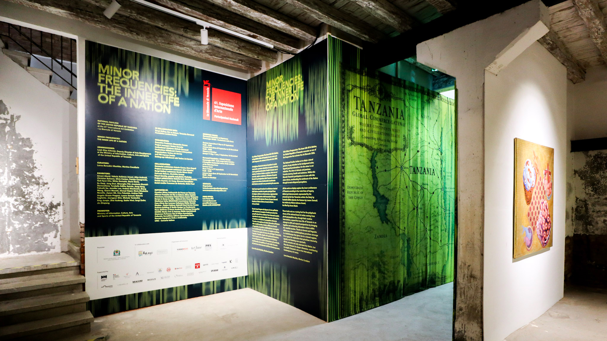 Main exhibition space of the Tanzania National Pavilion at the 61st International Art Exhibition – La Biennale di Venezia 2026, featuring the exhibition concept "Minor Frequencies, The Inner Life of a Nation."