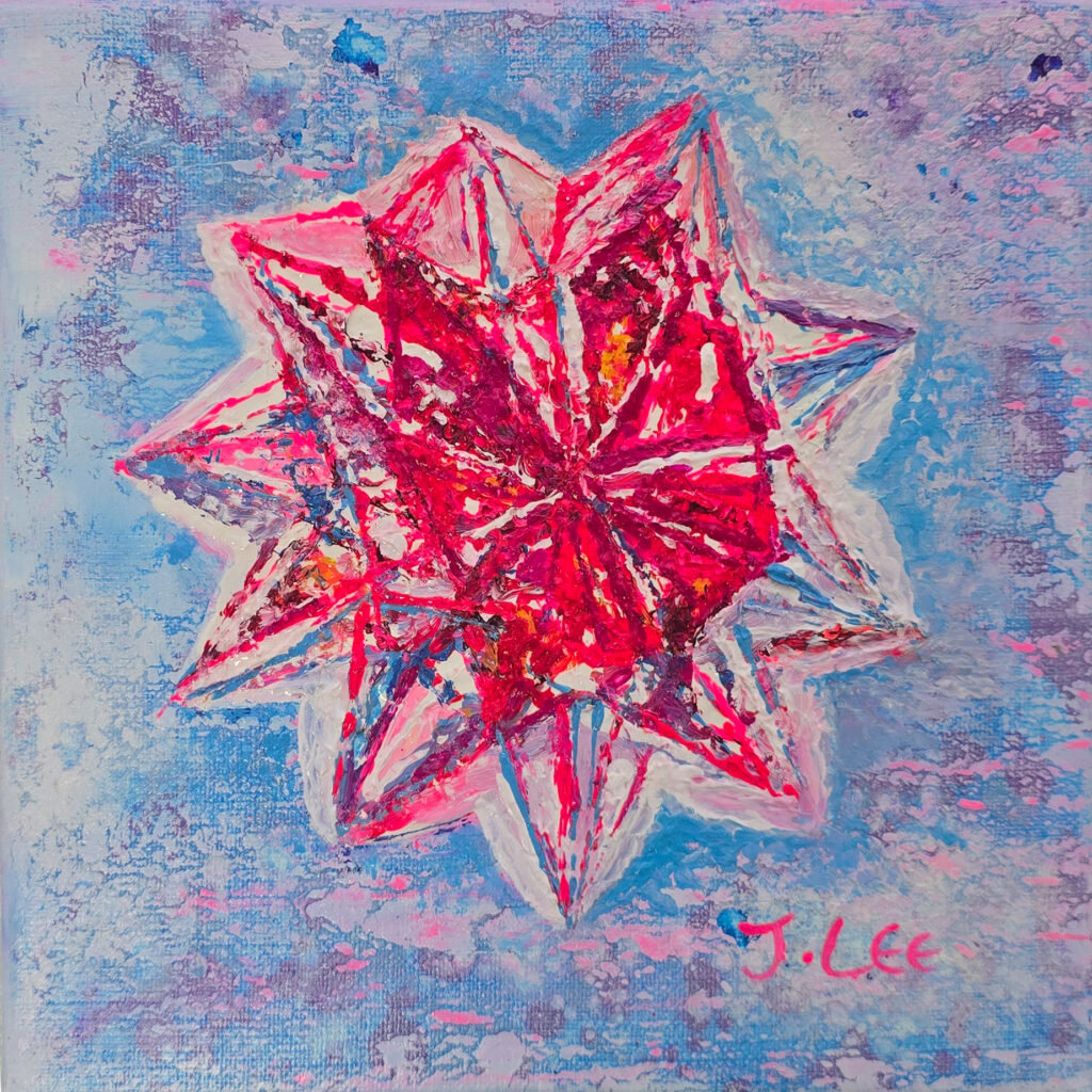 Blossoming I by Jennifer Lee, a Crystal Flower series painting from Light, Time and Memory, featuring an unfolding crystalline flower in vivid red, pink, white, and blue against a textured pale blue background under normal light.