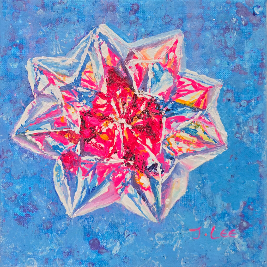 Blossoming II by Jennifer Lee, a Crystal Flower series painting from Light, Time and Memory, featuring an unfolding crystalline flower in vivid pink, red, white, blue, and orange against a textured blue background under normal light.
