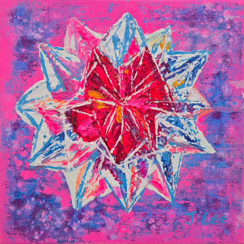 Blossoming III by Jennifer Lee, a Crystal Flower series painting from Light, Time and Memory, featuring a radiant crystalline flower in vivid red, pink, white, blue, and orange against a textured pink background under normal light.