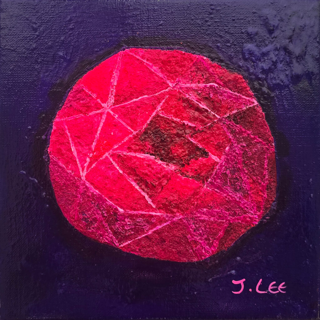 Bud I by Jennifer Lee, a Crystal Flower series painting from Light, Time and Memory, featuring a compact crimson and magenta crystalline flower bud against a deep violet background under normal light.