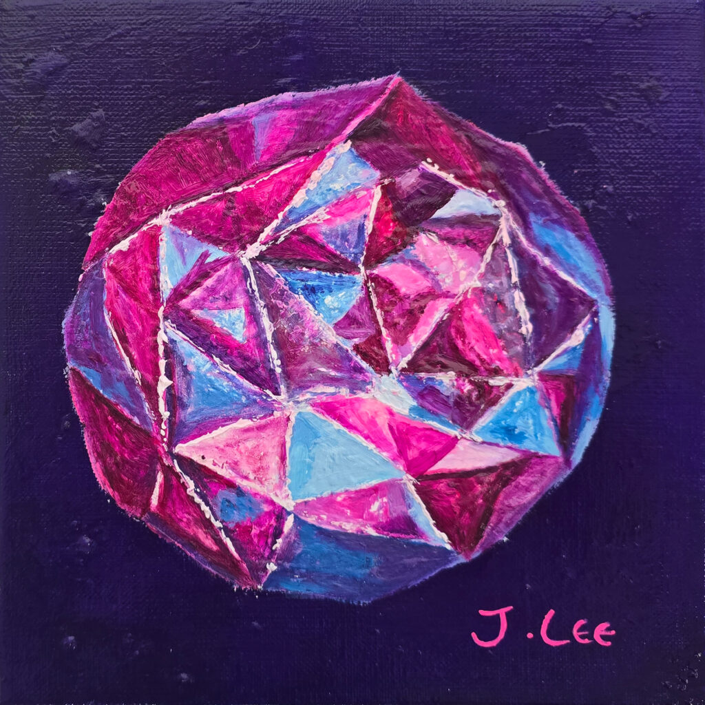Bud II by Jennifer Lee, a Crystal Flower series painting from Light, Time and Memory, featuring a faceted flower bud in magenta, violet, pink, and blue against a deep violet background under normal light.