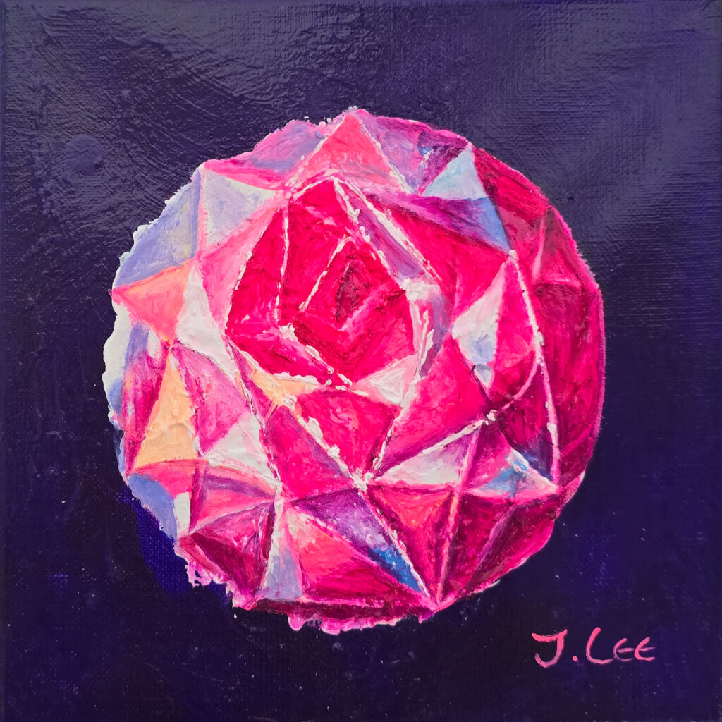 Bud III by Jennifer Lee, a Crystal Flower series painting from Light, Time and Memory, featuring a luminous flower bud in vivid pink, magenta, violet, pale blue, and white against a deep violet background under normal light.