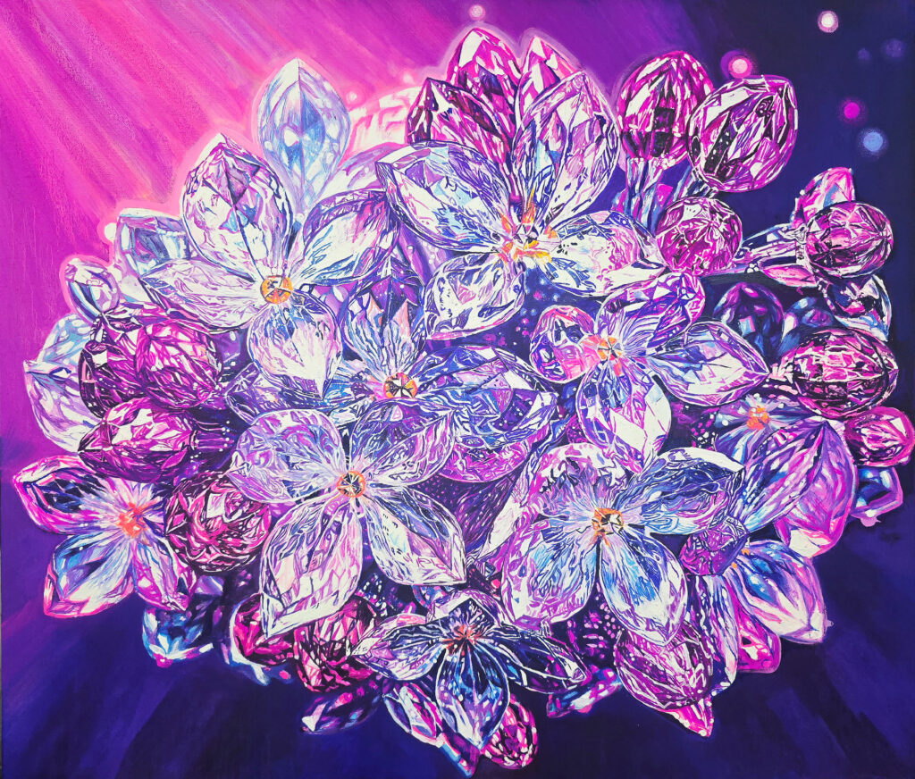 Crystal Flower series, Dazzlingly Beautiful III by Jennifer Lee. A dense cluster of crystalline blossoms with faceted petals in luminous purple, pink, blue, and white, set against a deep violet background with a radiant pink glow.